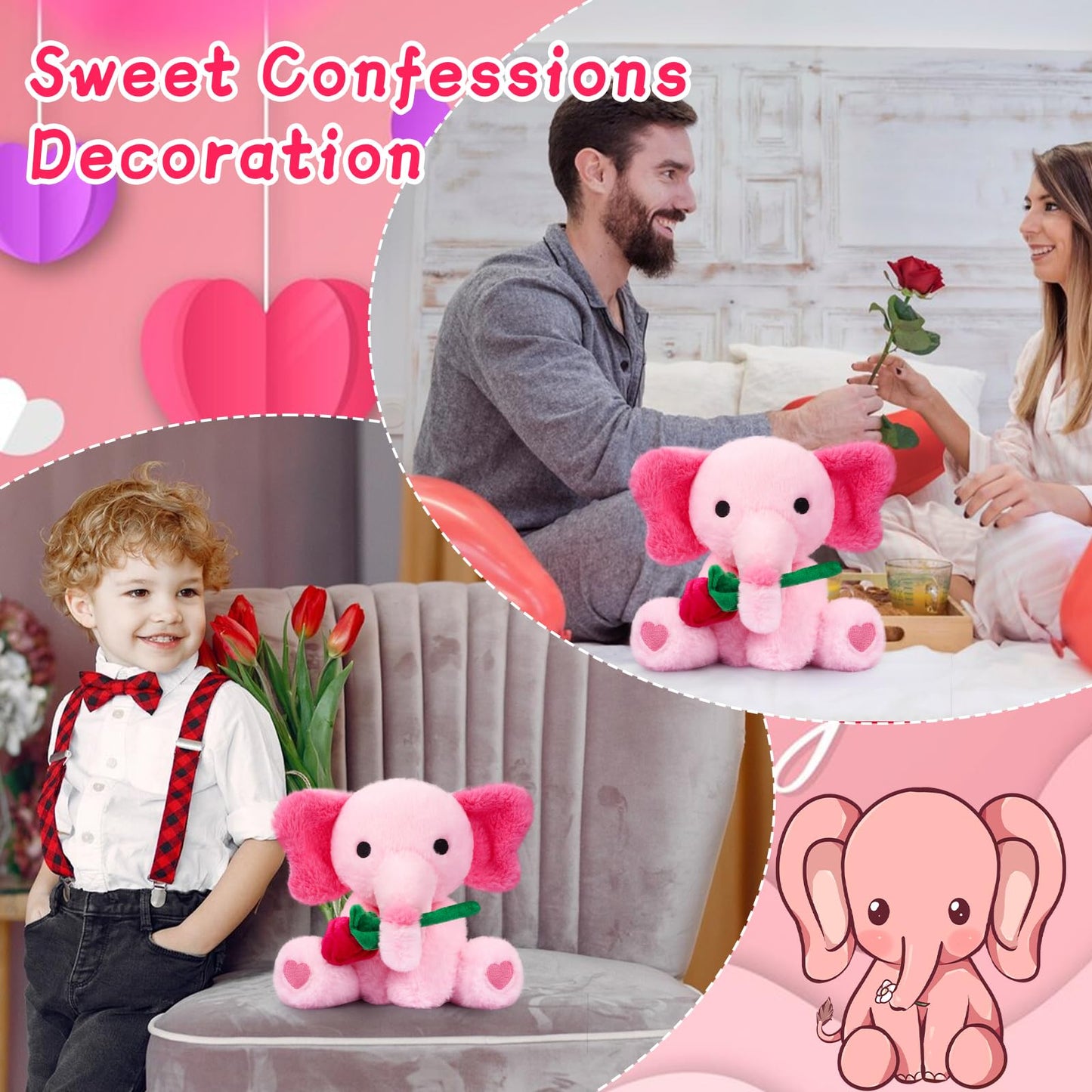 Jizwpoom Valentines Day Plush Toy, Valentines Elephant Stuffed Animals, 14In Valentines Day Plushies Pink Rose Elephant Plush, P