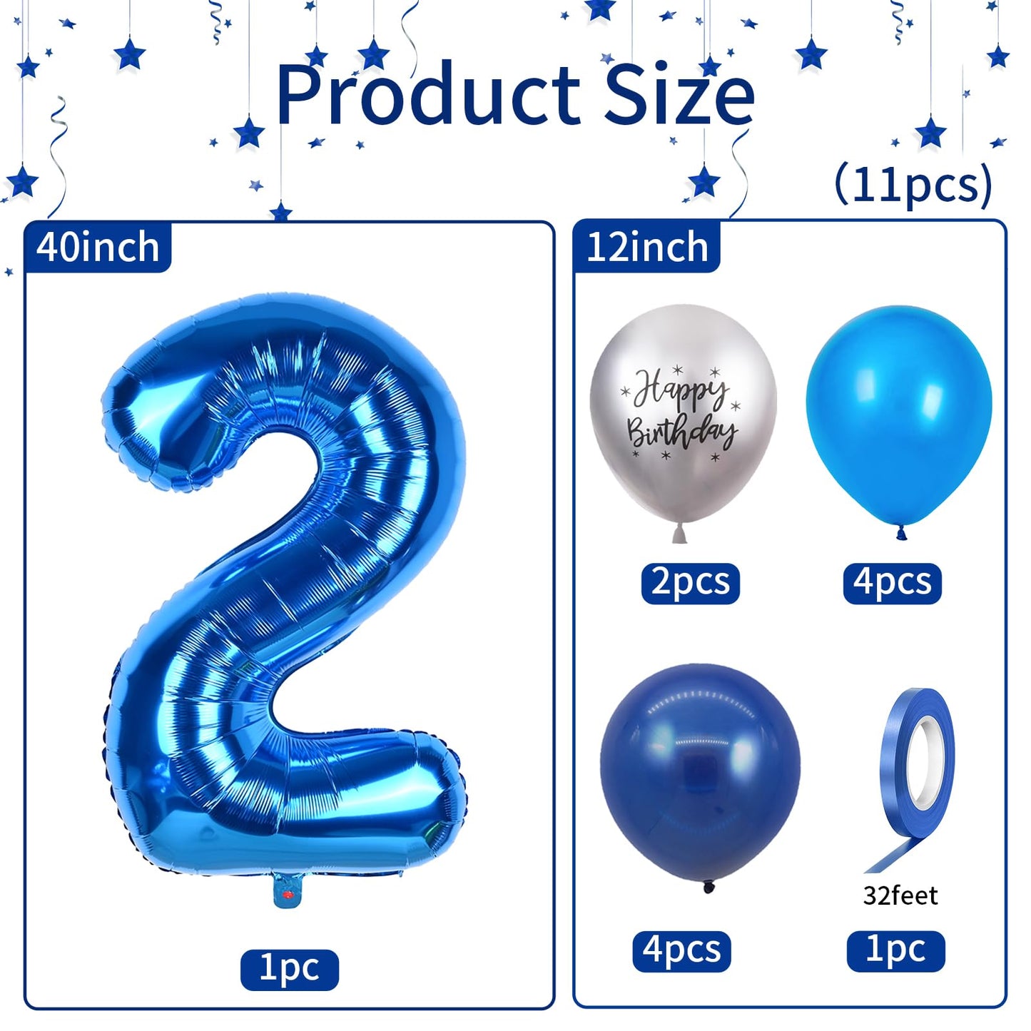 40 Inch Blue Number 2 Balloon, 2Nd Birthday Balloons, 11Pcs Silver Birthday Print Balloons Dark Light Blue Latex Balloons 2 Foil