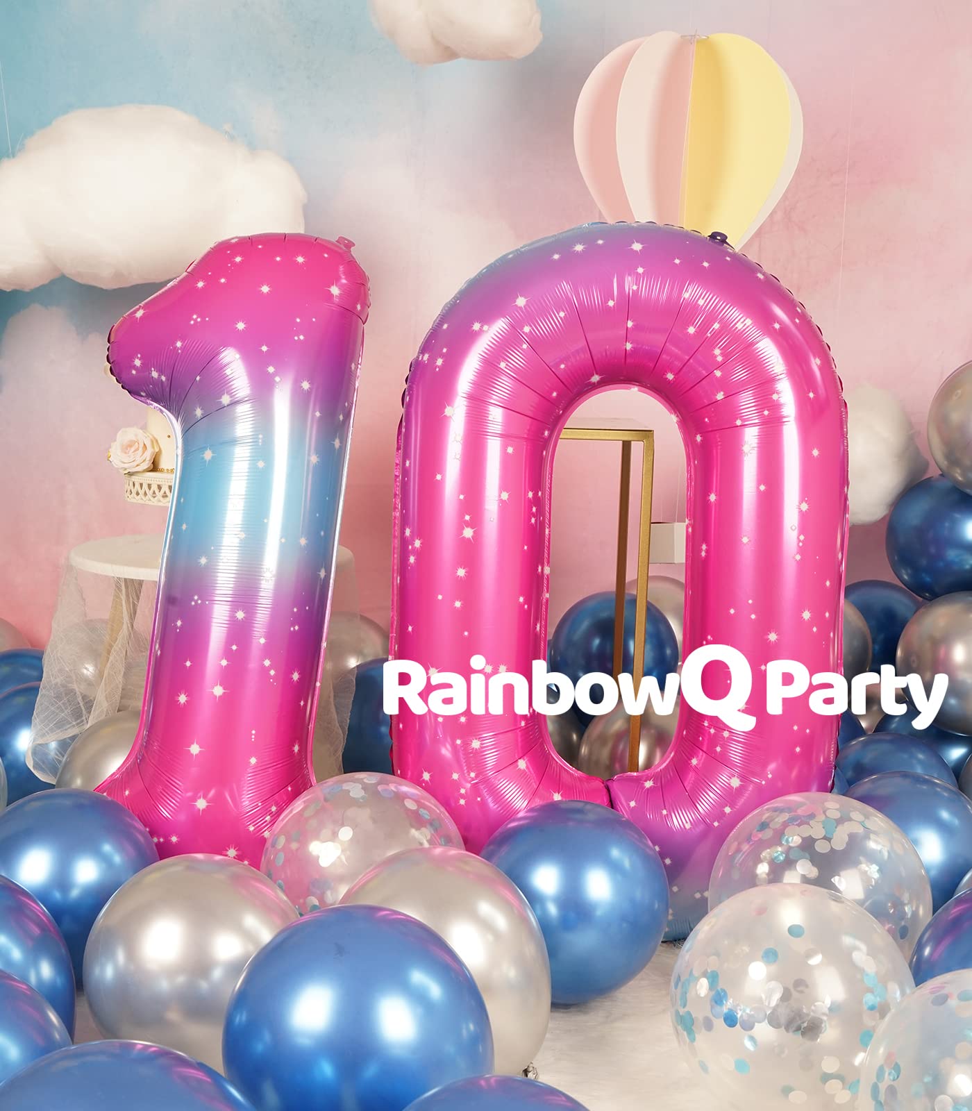 Rainbowq Party 10 Balloon Number 40 Inch For Boy Or Girl Big Starry 0-9 Foil Mylar Large 10 Number Balloons Happy 10Th Birthday