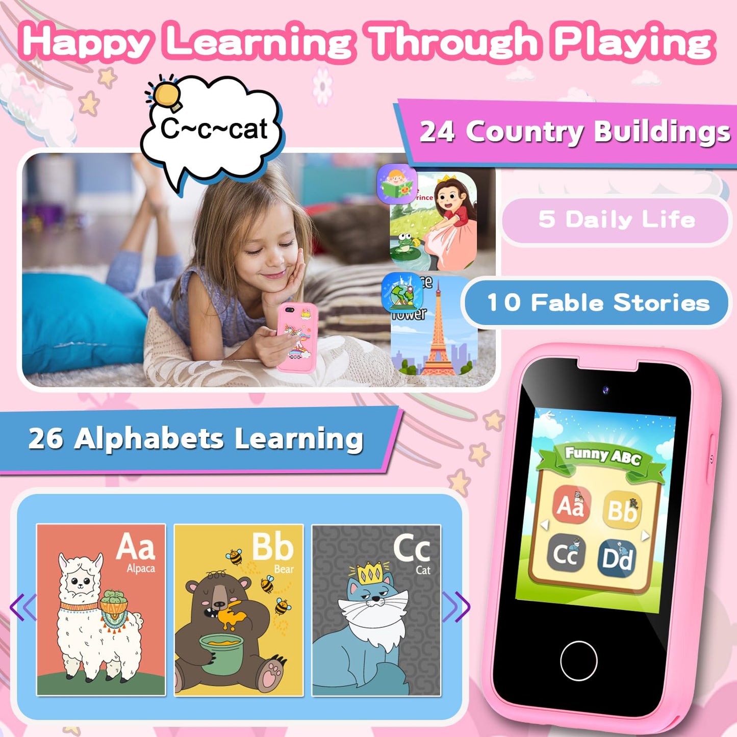 Kids Smart Phone Toys for Girls, Christmas Birthday Gifts for 3-10 Year Old Girl Boy Kids Toys, 2.8'' Touchscreen Toddler Learni