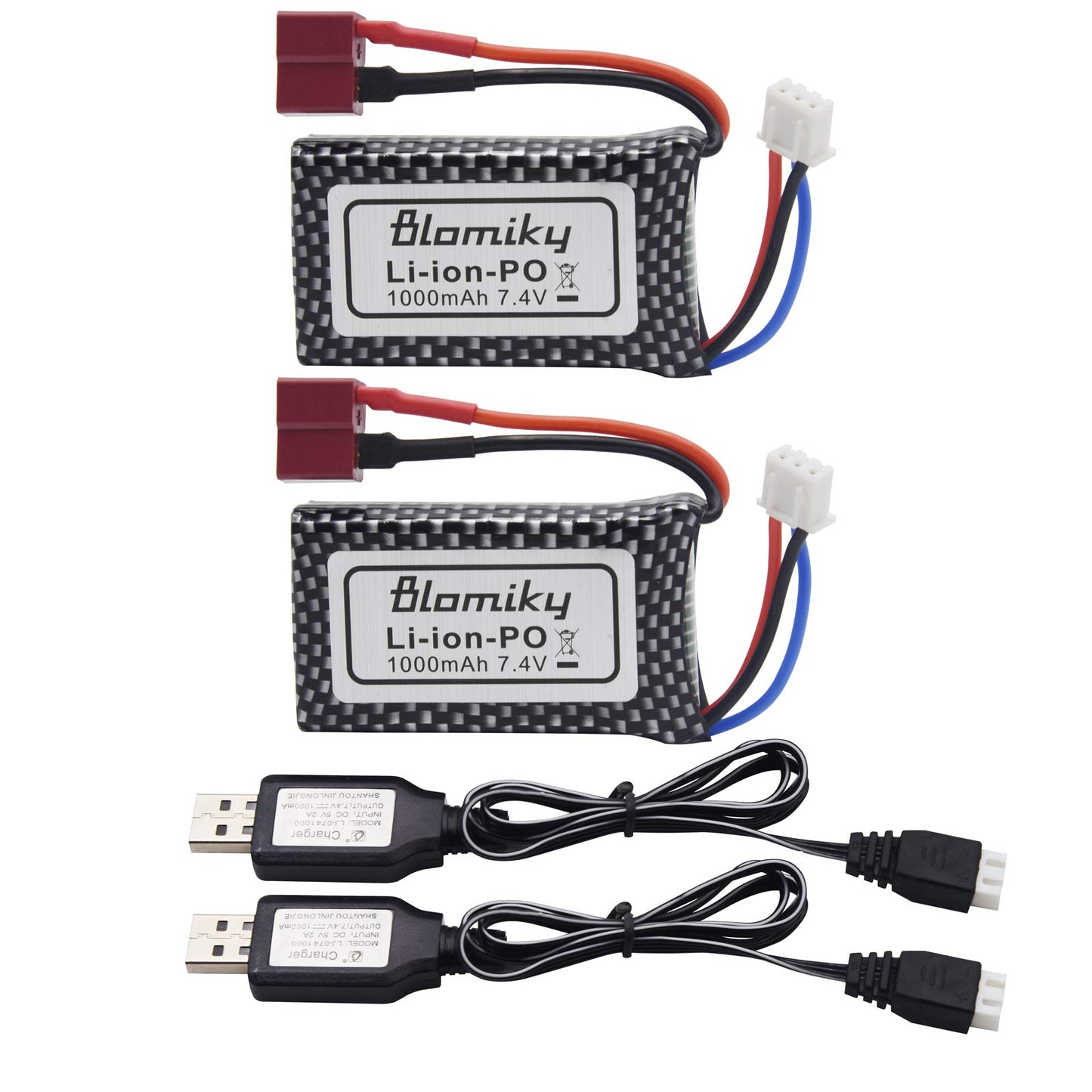 Blomiky 2 Pack 7.4V 2S 30C 1000mAh 7.4Wh Lipo Battery T Plug and USB Charger Cable Suitable for HBX 16889 16890A and XLH Q903 Q9