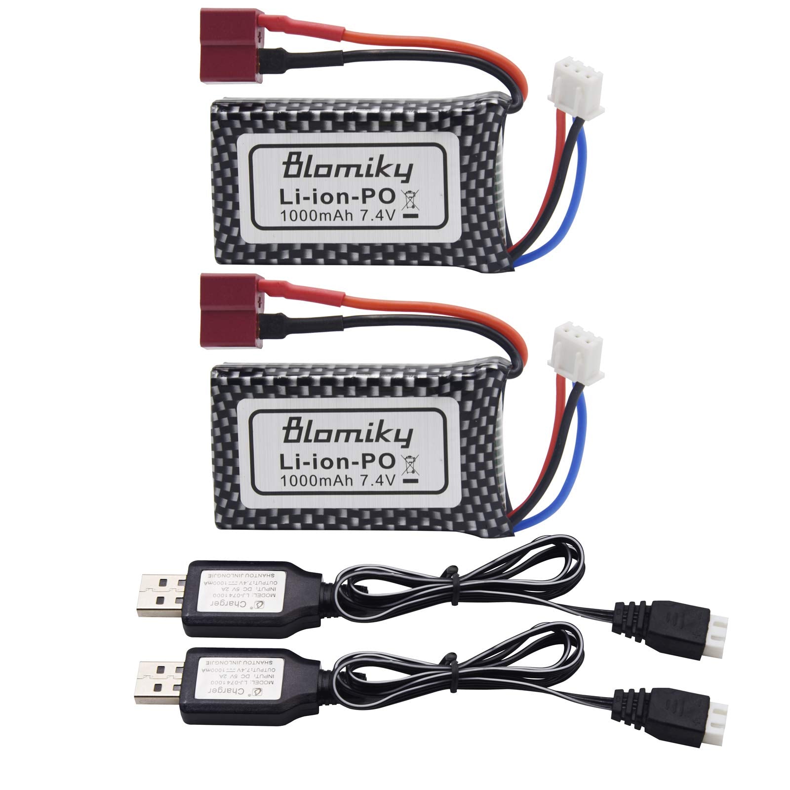 Blomiky 2 Pack 7.4V 2S 30C 1000mAh 7.4Wh Lipo Battery T Plug and USB Charger Cable Suitable for HBX 16889 16890A and XLH Q903 Q9
