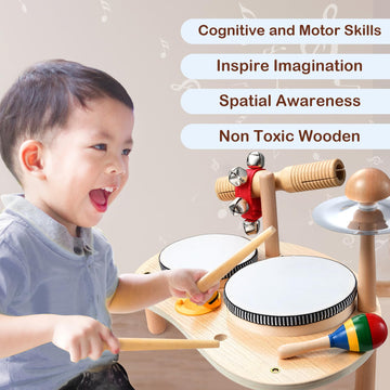 Cozybomb Kids Drum Set For Toddlers: Montessori Musical Instruments Set Toddler Toys - 7 In 1 Wooden Musical Kit Baby Sensory Educational Toys - Christmas Birthday Gifts For Boys & Girls Age 2 3 4 5 6