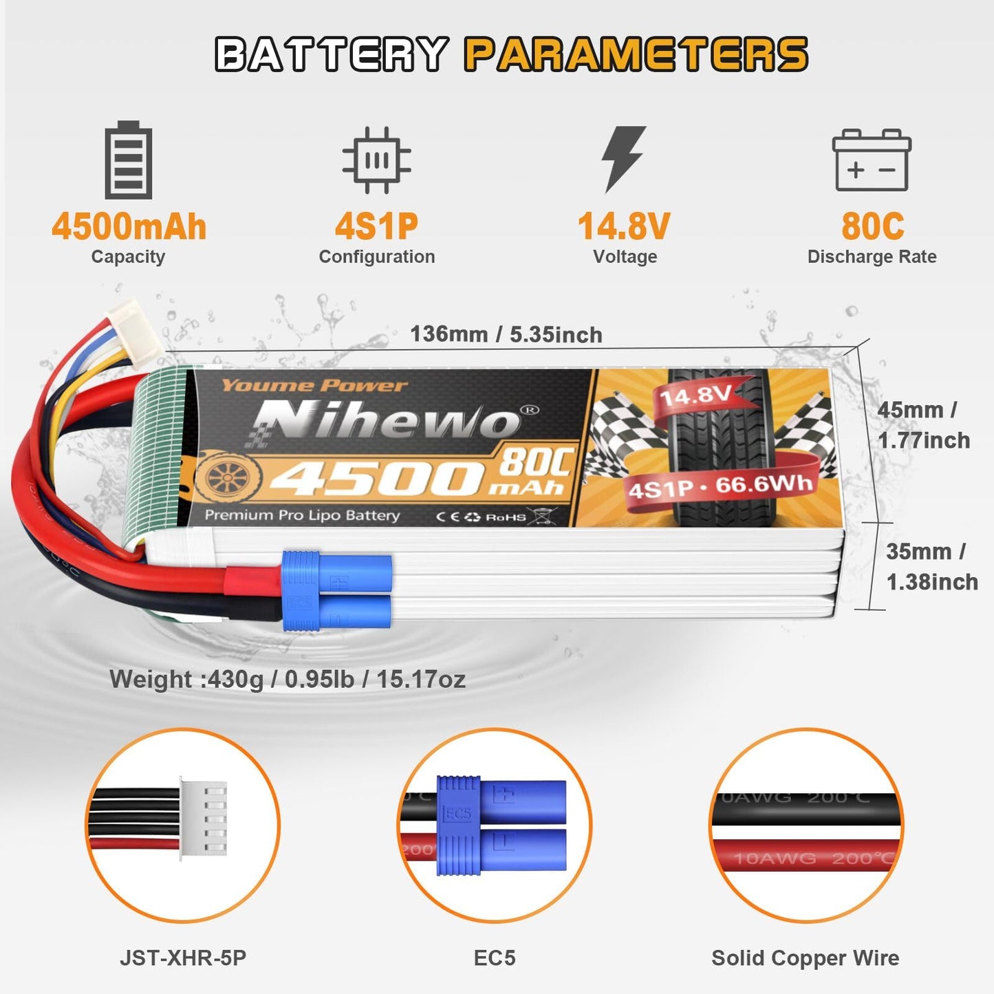 Nihewo 4S Lipo Battery 14.8V RC Battery 4500mAh 80C with EC5 Plug Compatible with 1/10 1/8 Scale RC Car Truck Vehicle Airplane H