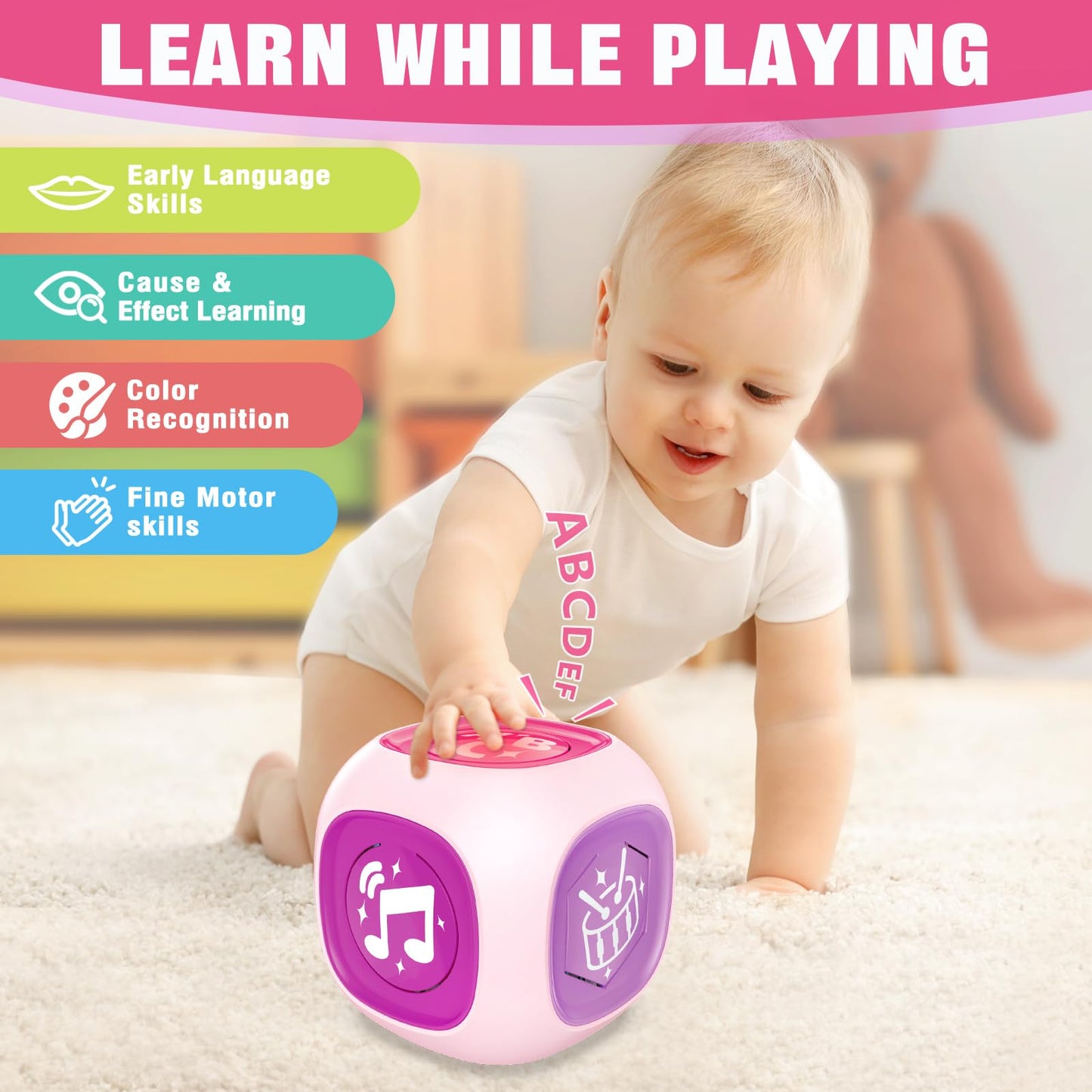 Musical Learning Toys For 1+ Year Old Girl, Bilingual Early Learning Educational Cube With Light & Sound, Baby Girl Toys 12-18 M