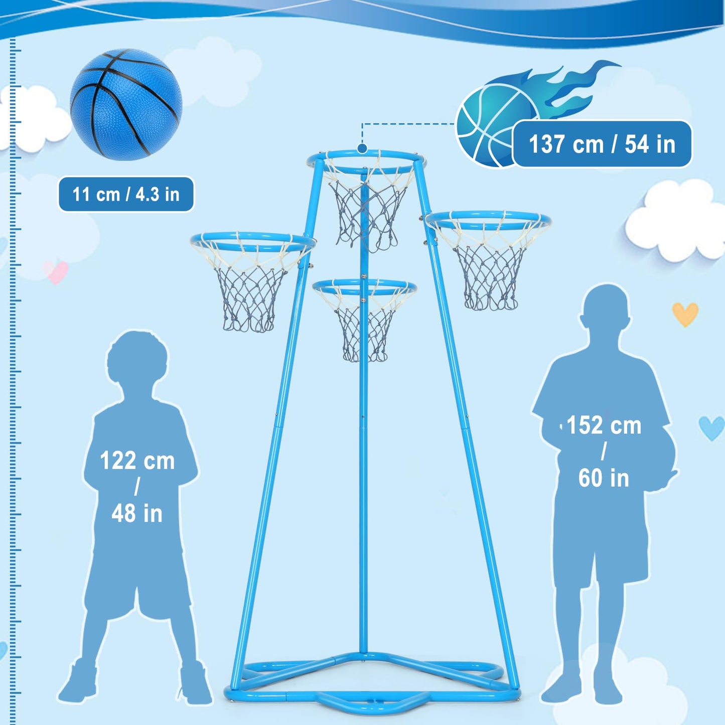 Raylinyee Kids Basketball Hoop Portable Basketball Stand Toys Basketball Indoor Outdoor, Portable Basketball With 4 Hoops At Var