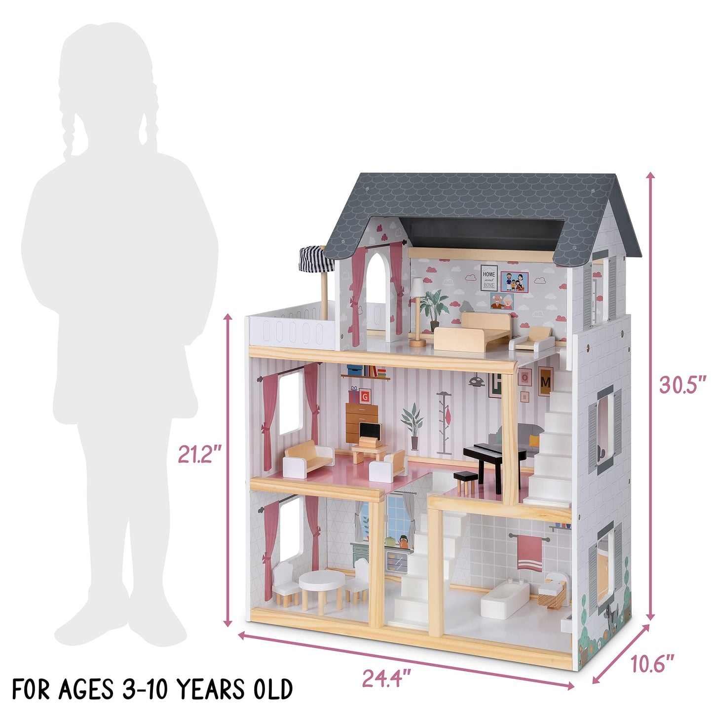 Lil' Jumbl Jumbl Kids Wooden Dollhouse, 17-Piece Accessories & Furniture Are Included, With Balcony & Stairs, 3 Story Easy To As