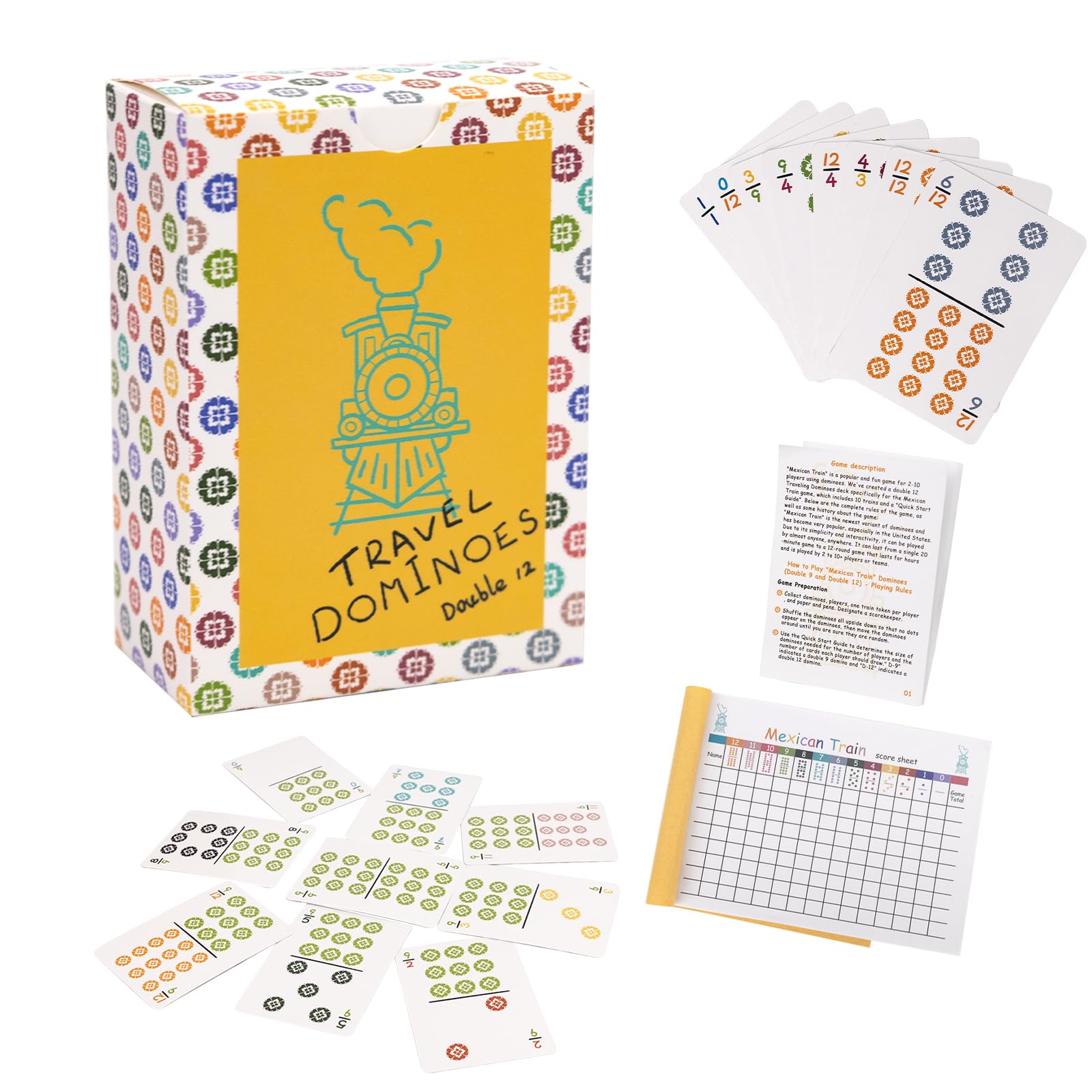 Extguds Mexican Train, Mini Dominoes Game:105 Cards+1 Instruction+1 Scoresheet,Double 12 And Double 9 Dominoes Set,2-10 Players,Dot Dominoes,Travel Dominoes