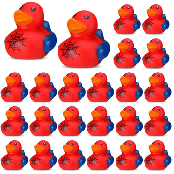 Leyndo 24 Pcs Christmas Spiderweb Rubber Duck Bulk Spiderweb Birthday Party Decoration Favors Squeaky Red Blue Duck for Bathtub Floating Pool Gifts Party Supplies
