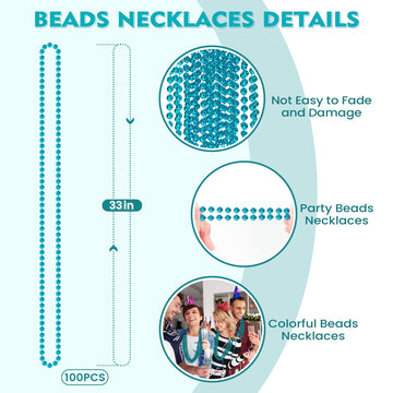 100 Pcs Teal Bead Necklaces, Teal Mardi Gras Beads Necklaces Turquoise Party Beads Necklace Bulk Round Beaded Necklaces For Mard
