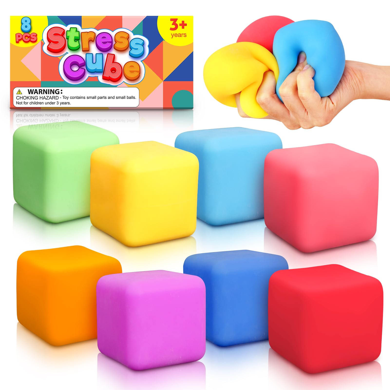 Slow Rising Stress Cube 8 Pack: Stretchy Fidget Toys For Anxiety Relief, Pull Stretch Squishy Toys For Students, Classroom Prize Box Toys, Quiet Fidgets For Classroom (2 Inches)
