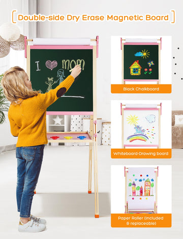 YOHOOLYO Kids Easel Wooden Children Art Easel Paper Roll,Double Sided Magnetic Whiteboard Chalkboard Dry Eraser Adjustable Heigh