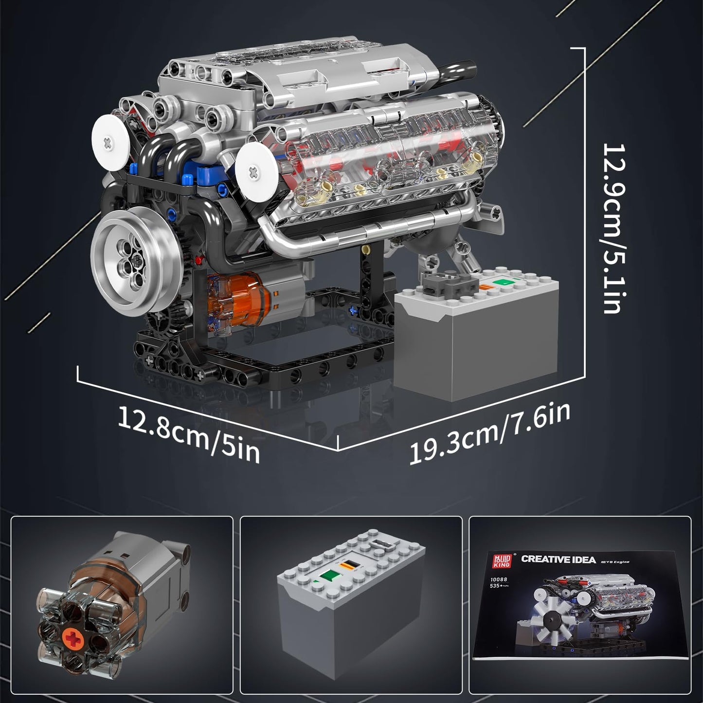 Mould King V8 Engine Building Blocks Set, 535 Pcs Plastic Model Kit with Battery and Motor for Adults and Kids, Model 10088
