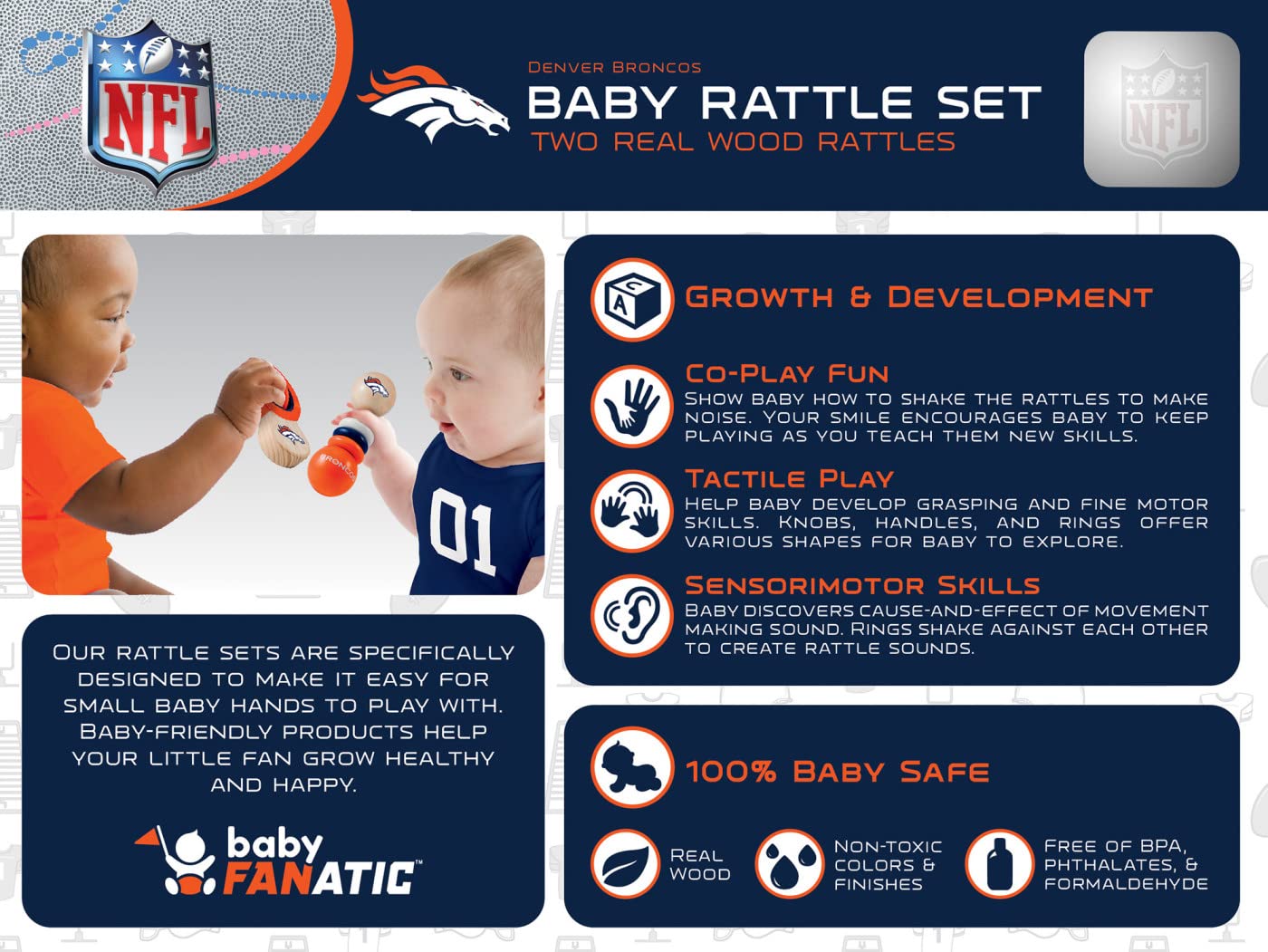 Babyfanatic Wood Rattle 2 Pack - Nfl Denver Broncos - Officially Licensed Baby Toy Set