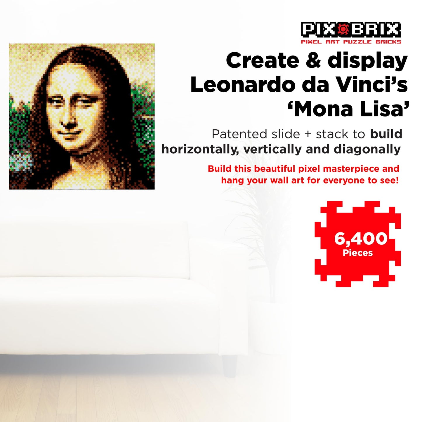 Pix Brix Pixel Art Puzzle Bricks - Mona Lisa, 6,400 Pieces - Patented Colorful Building Bricks To Recreate This Famous Print, Create Builds Without Water, Iron Or Glue