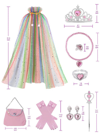 Sabbenia Princess Cape Set For Little Girl Dress Up,11Pcs Princess Cape Cosplay Christmas Halloween Birthday Gift 3-8Y (Rainbow)