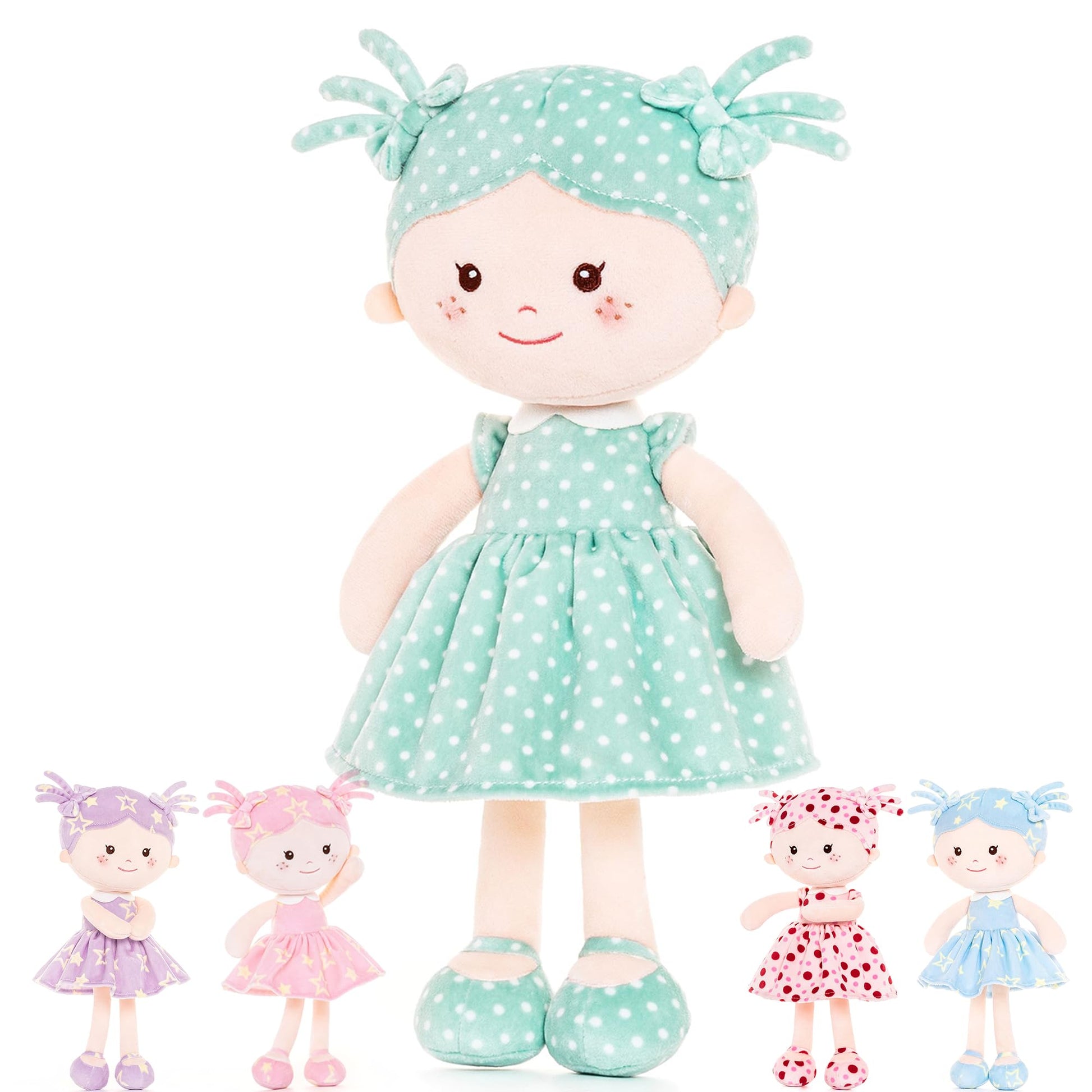 Onetoo Plush Rag Doll My First Baby Doll Soft Baby Doll For Girls Sleeping Cuddle Buddy Doll Wear Green Dress White Polka Dot 14'(Milly Series)