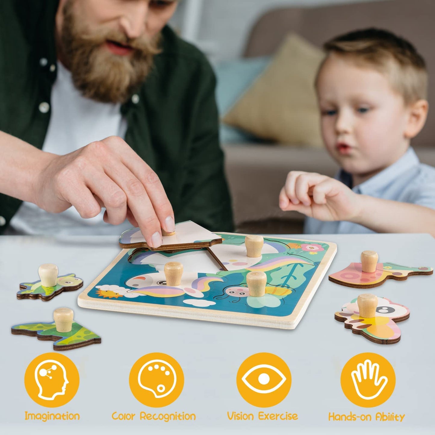 Wooden Toddler Puzzles, Funsland Peg Puzzles Gifts Toys, 4 Pcs Eco Friendly Animal Patterns Jigsaw with Handles, Infant Kid Fine
