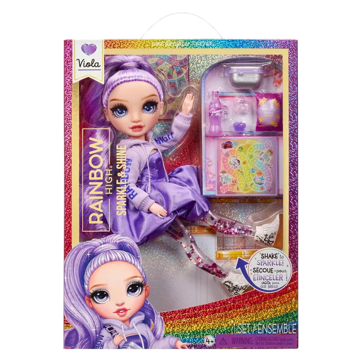 Rainbow High Sparkle and Shine Viola Doll 28 cm, Purple, Plastic, Model 427810-INT, Liquid Glitter Effect for Kids 4-12 Years Old