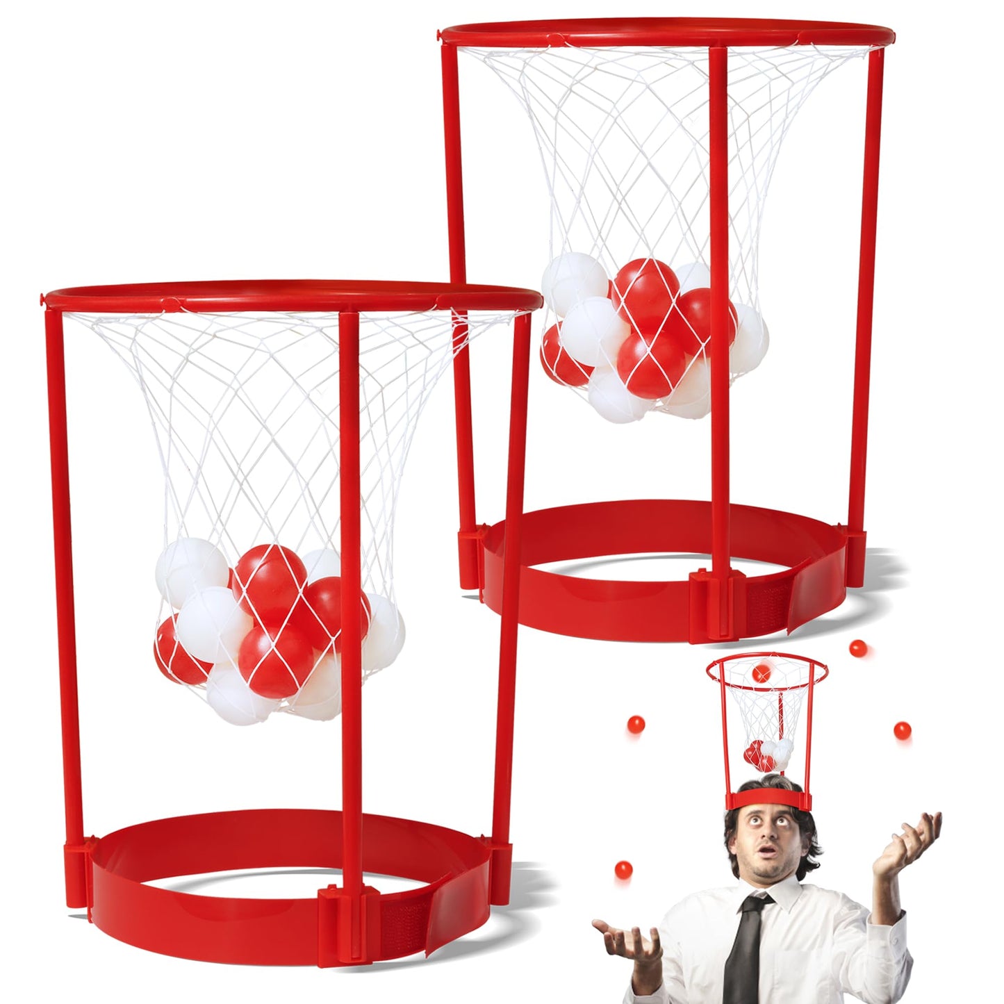 Novelty Place Head Basketball Hoop Party Game Set for Kids & Adults - Adjustable Basketball Headband with 20 Balls - Red & White
