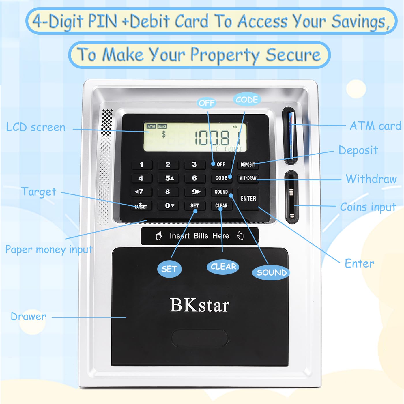 2025 Upgraded Atm Piggy Bank For Real Money, Talking Atm Bank For Kids, Money Bank With Card, Password, Coin Recognition, Bill F