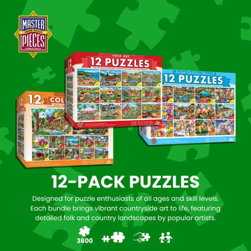 Masterpieces 12 Pack Jigsaw Puzzles For Adults, Family, Or Kids - Folk Art 12-Pack Bundle