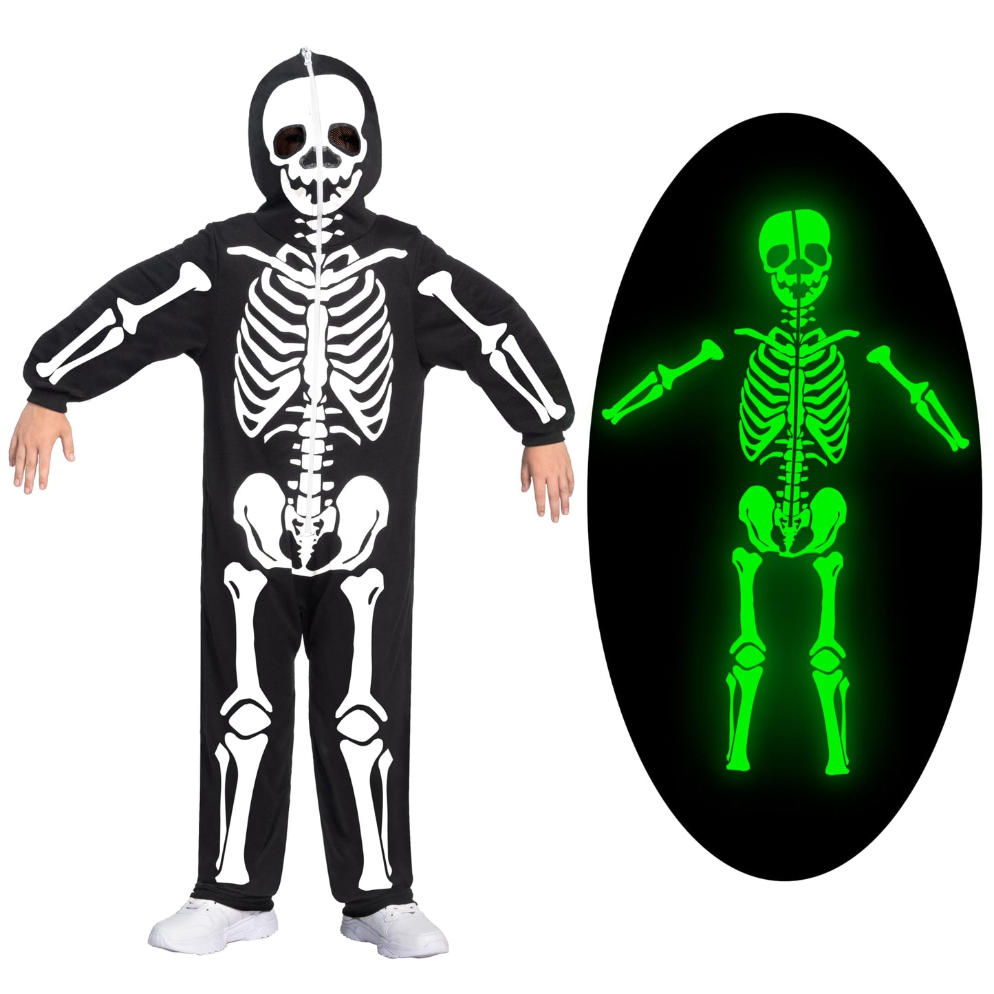 Spooktacular Creations Halloween Kids Skeleton Jumpsuit Pajama, Plush Zip-Up Glow Costume Cosplay In The Dark, Unisex Hooded Ske