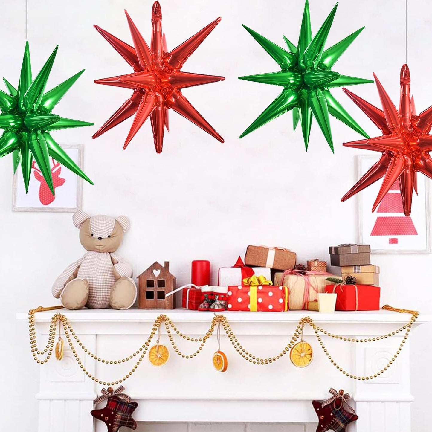 TONIFUL 4 Pcs 22inch 4D Red Green Explosion Star Mylar Balloons 14Point Star Balloons for Party Decorations Backdrop Christmas,N