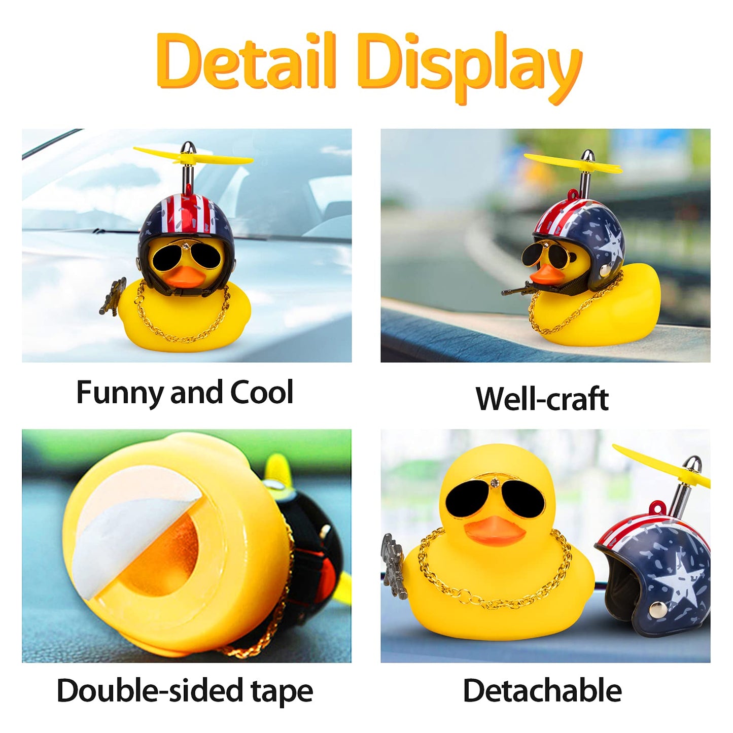Wonuu Rubber Yellow Duck Car Ornaments Cool Duck Car Dashboard Decorations With Propeller Helmet Sunglasses (Stars&Stripes-Yello
