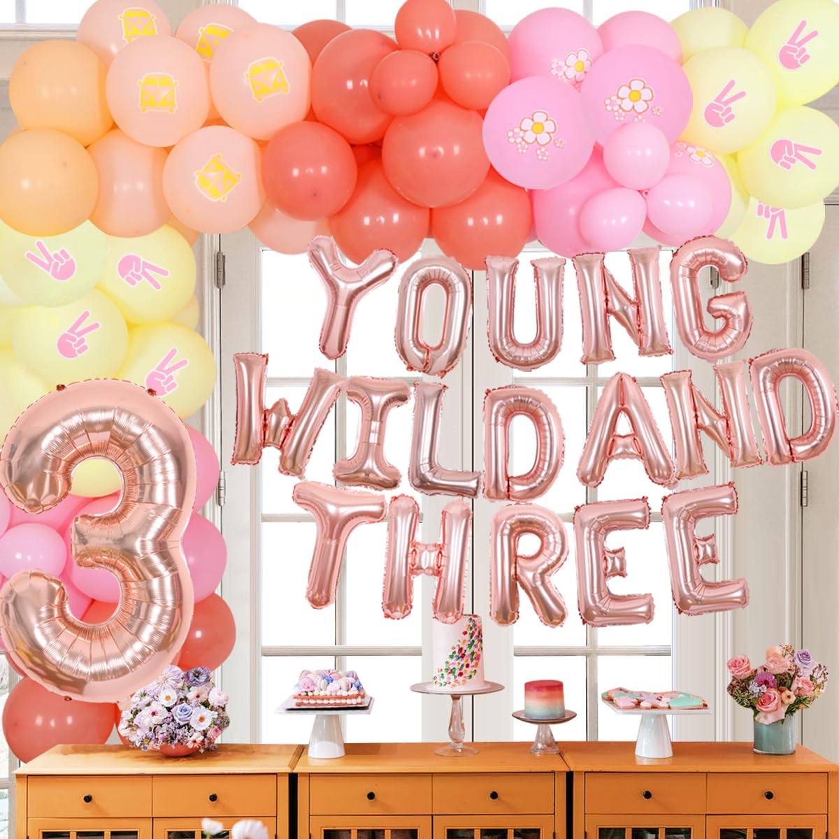 Joymemo Groovy 3Rd Birthday Party Decorations, Young Wild And Three Daisy Flower Balloons Garland Kit, Groovy Retro Boho Girls Third Birthday Party Supplies