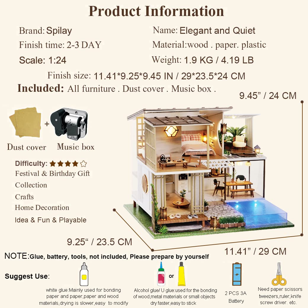Spilay Dollhouse Miniature DIY Kit, 1:24 Scale Wooden Craft with Music Box, 11.41x9.25x9.45 IN, Elegant Quiet Design