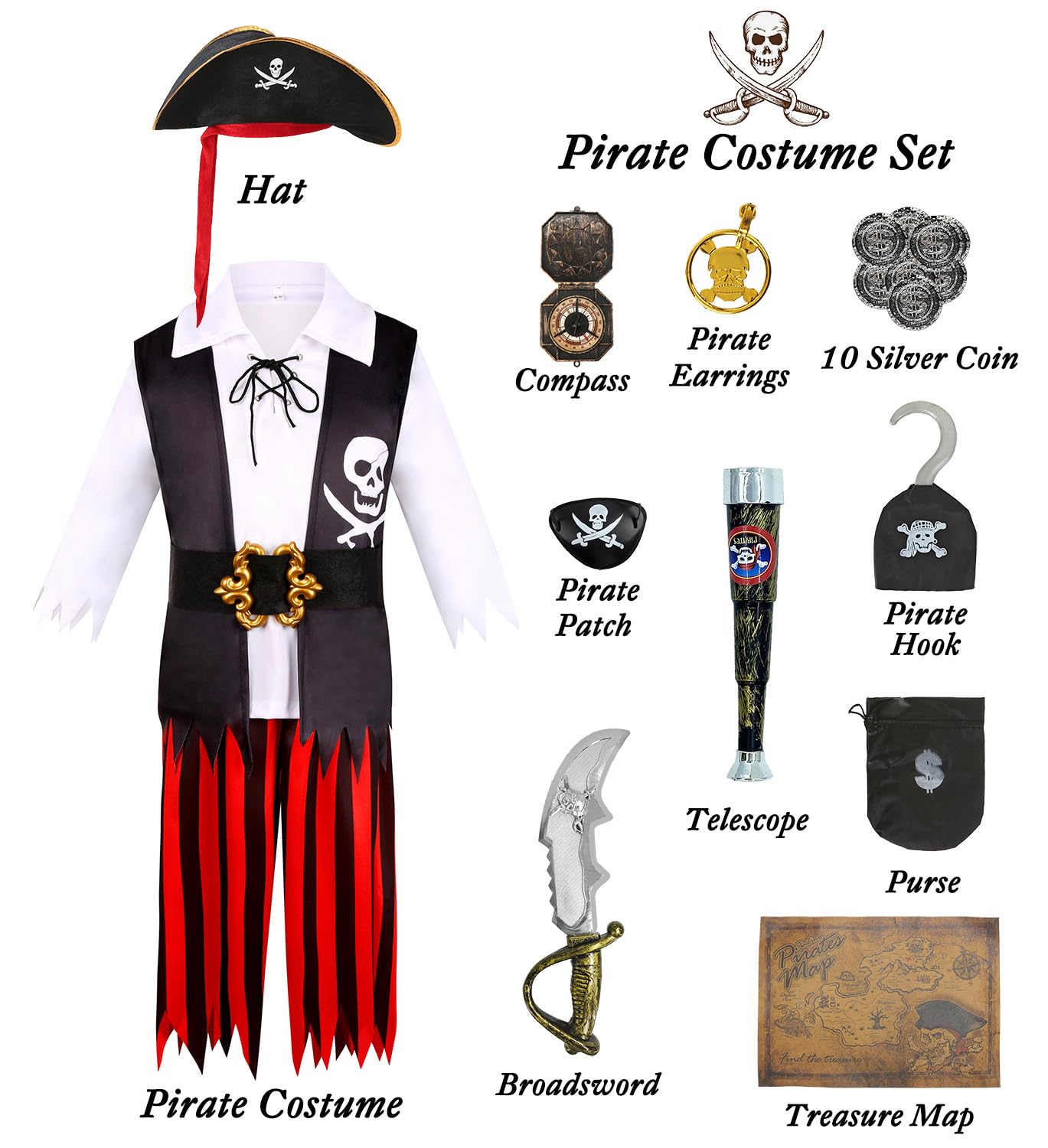 Miulruma Halloween Pirate Costume Kids Boys Pirate Role Play Dress Up With Accessories Birthday Party Gifts Ma038M
