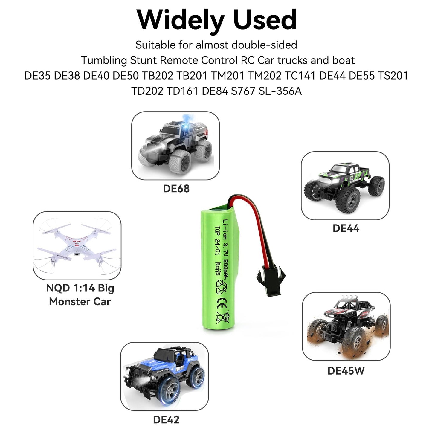 Tosiicop 3.7V 800mah Li-ion Battery 2 Pack - 3.7 Volt Rechargeable Battery with SM-2P Plug and USB Charger for RC Stunt Car Truc