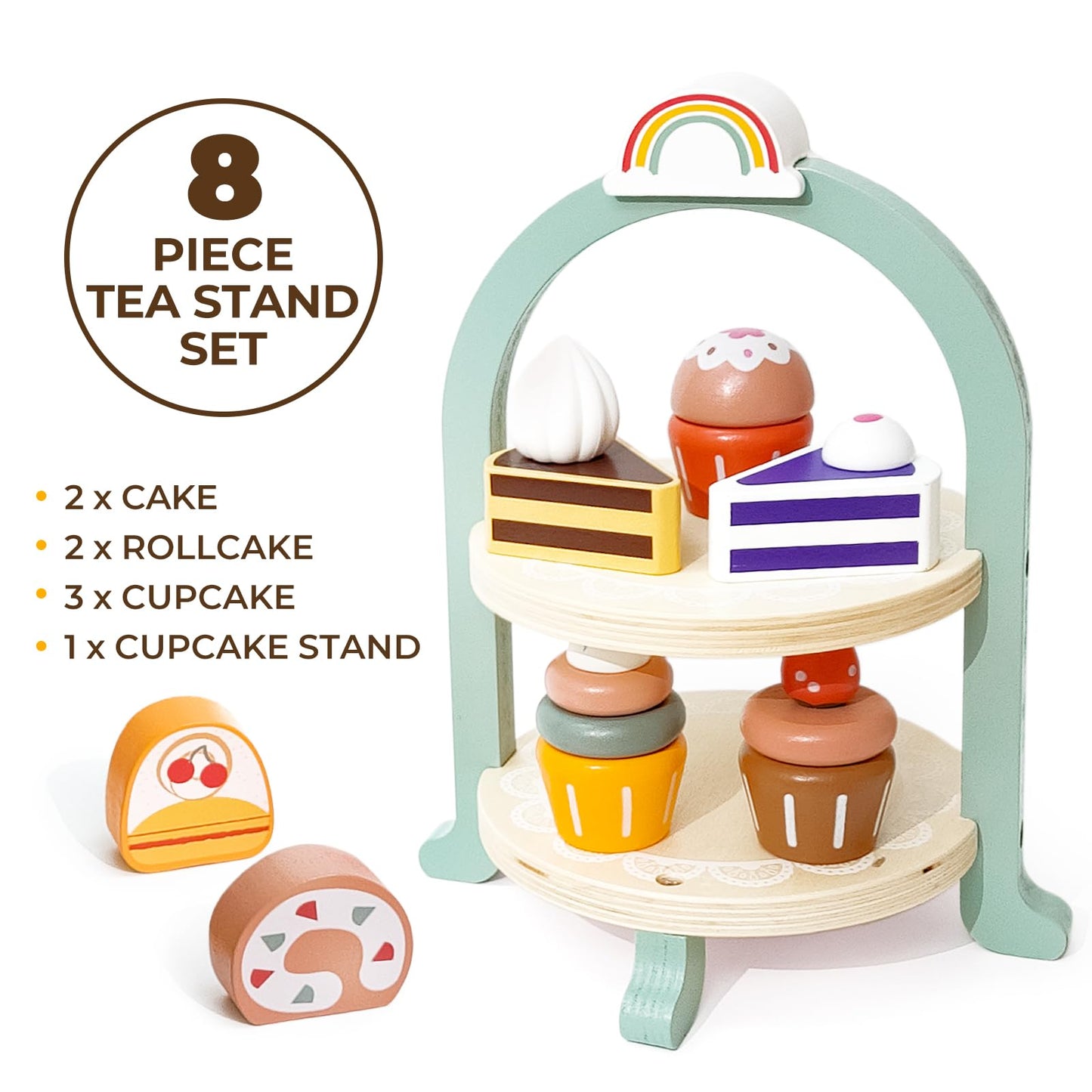Tea Party Set for Little Girls with Cupcake Stand, Wooden Tea Set Toys for Girls Age 3 4 5 6 7 Year Old, Toddler Kids Kitchen Pr