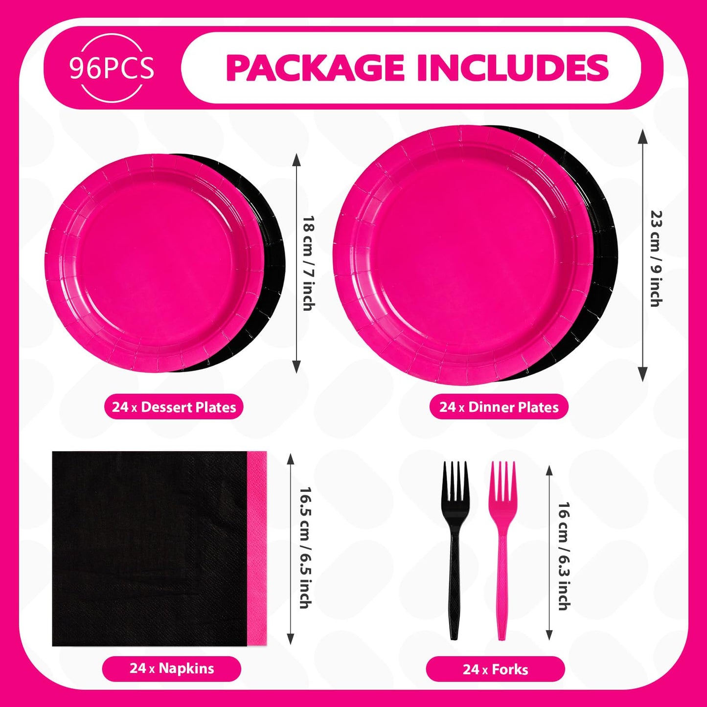 Grencian 96 Pcs Hot Pink and Black Birthday Decorations Hot Pink Party Plates and Napkins Disposable Heavy Duty Pink and Black T