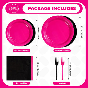 Grencian 96 Pcs Hot Pink and Black Birthday Decorations Hot Pink Party Plates and Napkins Disposable Heavy Duty Pink and Black T