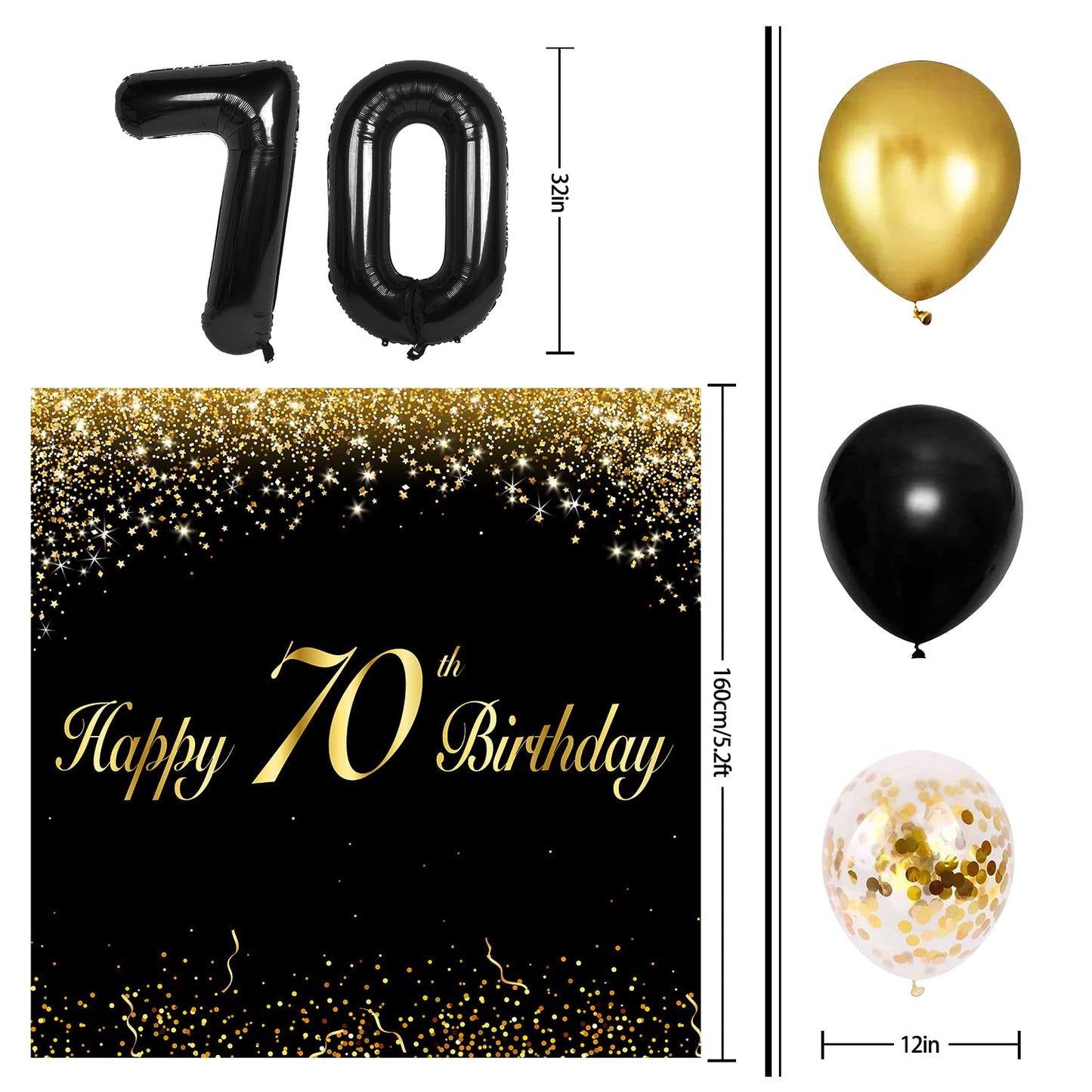 Happy 70Th Birthday Balloons Black Set Decor - Cheers To 70 Years Old Party Theme Garland Banner Backdrop Decorations For Women