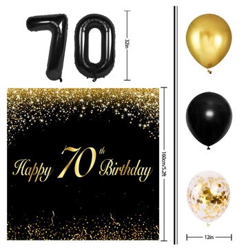 Happy 70Th Birthday Balloons Black Set Decor - Cheers To 70 Years Old Party Theme Garland Banner Backdrop Decorations For Women