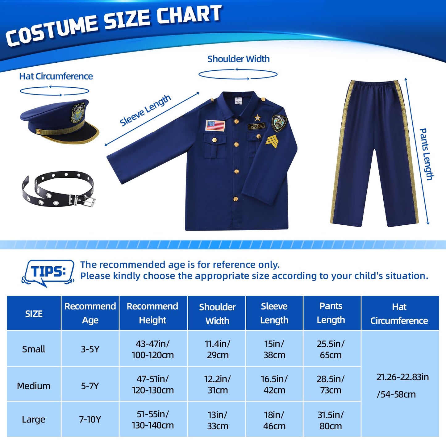 Qivbicy Police Costume for Kids - 11PCS Police Uniform Set, Navy Blue, S: 3-5Y, Nylon Material, Ideal for Role Play and Halloween