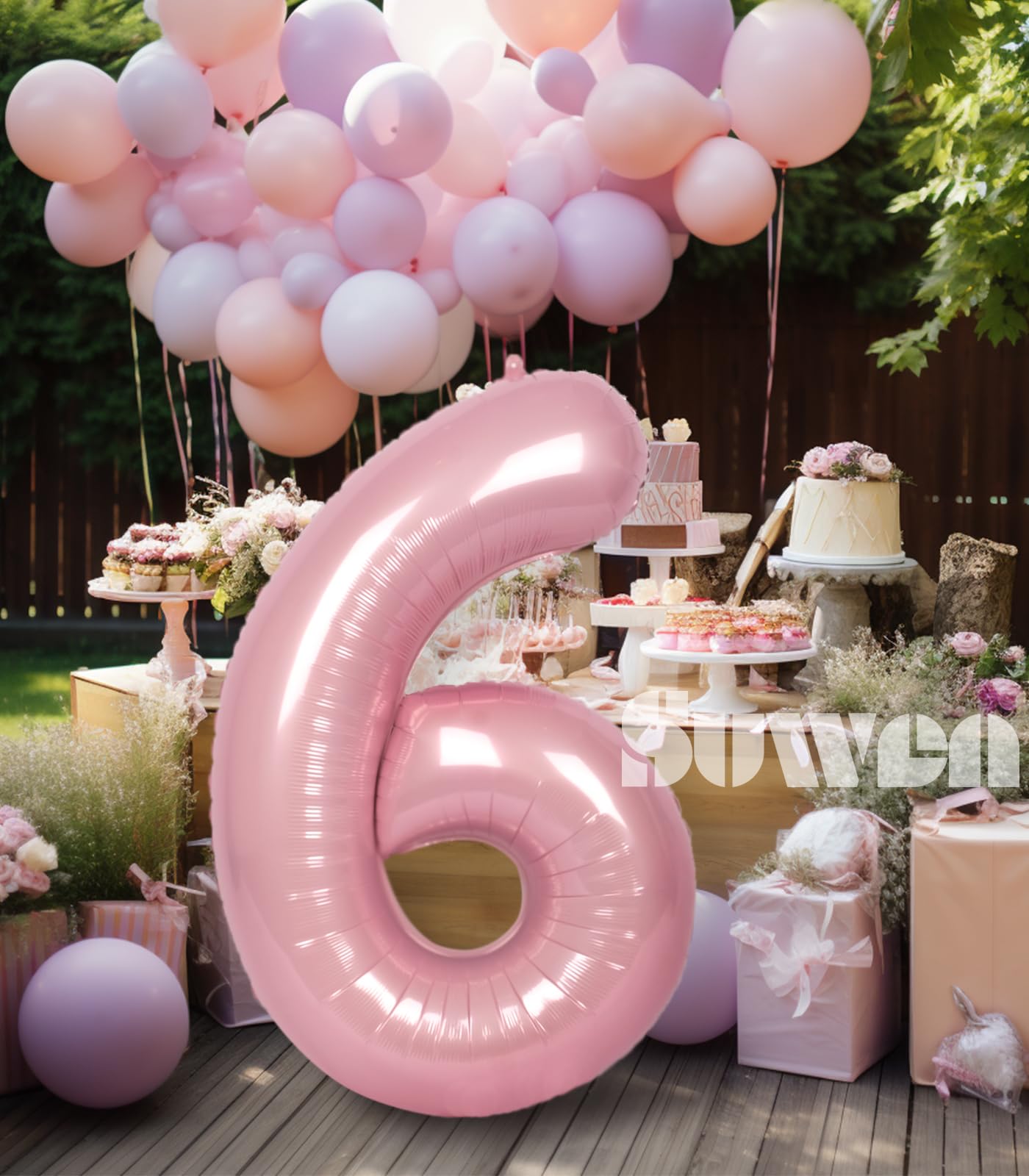 Suwen 40 Inch Pink Large 6 Number Balloons Big Foil Helium Number Balloons 0-9 Jumbo Happy 6Th Mylar Birthday Party Decorations