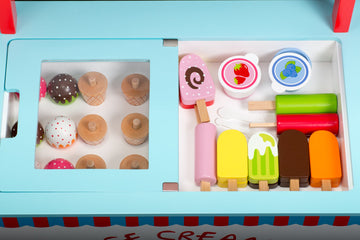 Ice Cream Cart Kids Pretend Play Stand- 33+ Pc Accessories, Realistic Premium Wooden Toy Set, Money Box, Chalkboard & Icecream T