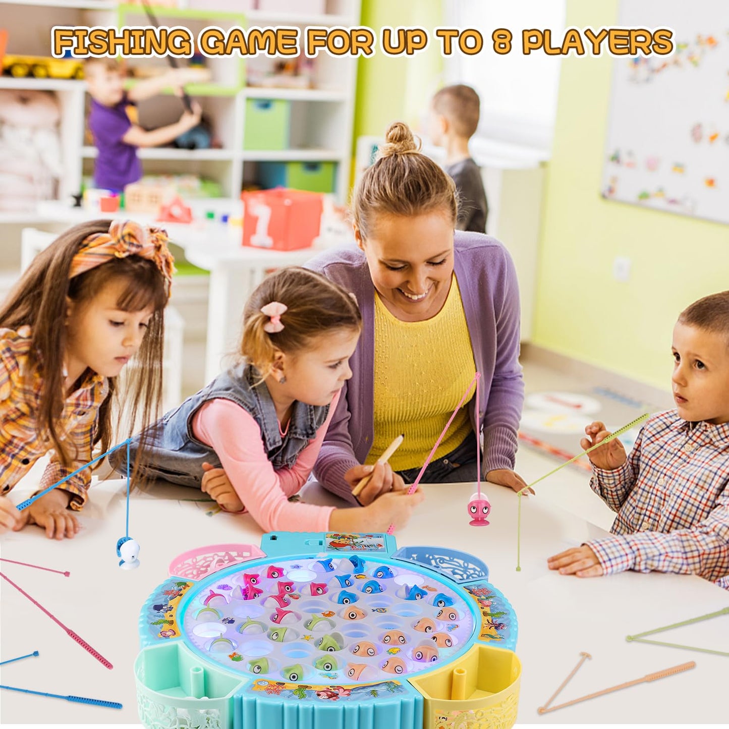 Pakoo Light Up Fishing Game Toys, Rotating Board Game With Music Including 45 Fishes And 8 Fishing Poles, Party Game Toys For Kids Age 4 5 6 7 8 And Up