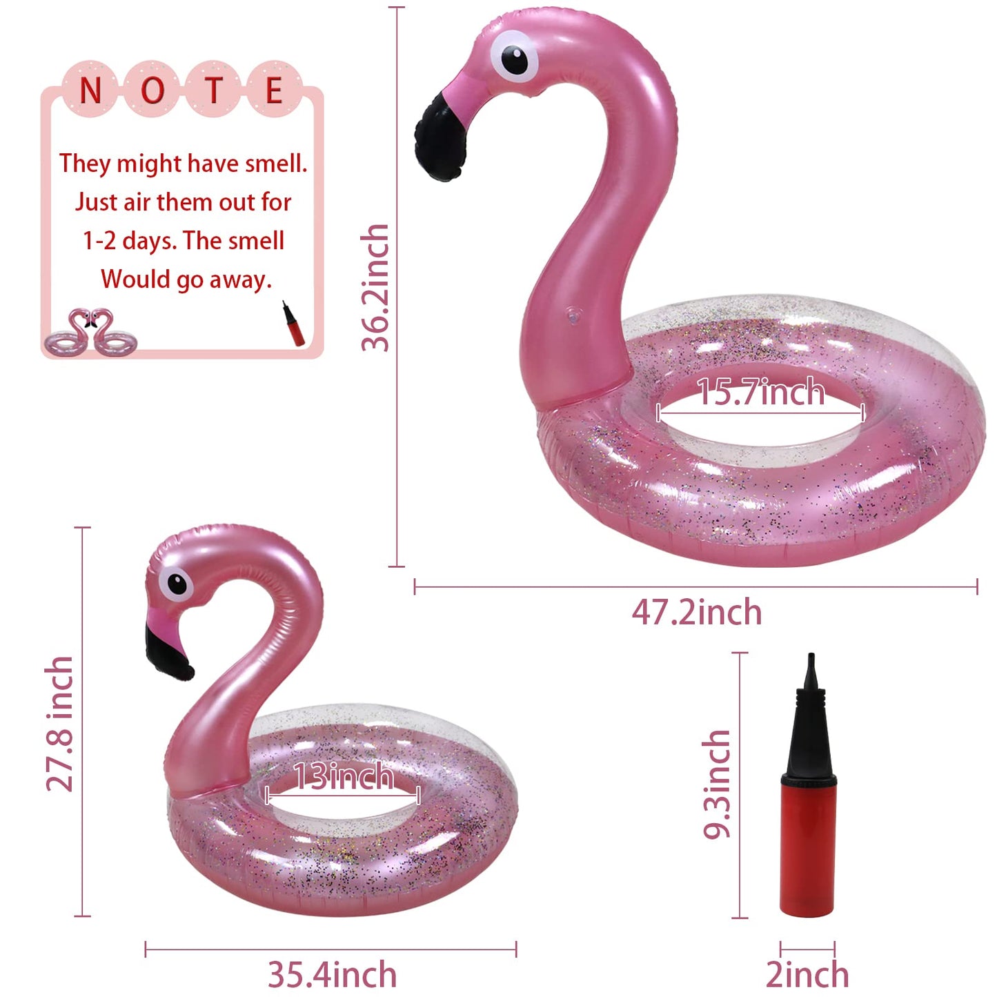 2PCS Flamingo Inflatable Pool Floats mature-themed Kids  Glitters Translucent Inflatable Pool Float for Kids Ages 6+  Fun Beach Floaties Summer Water Party Supplies(2 Size)