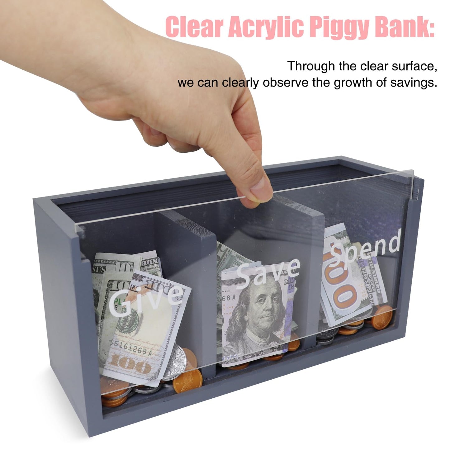 Mczxon Spend Save Give Piggy Bank For Kids, Money Coin Savings Piggy Bank Jar Box For Kids Child Safe Money Saver, Teach Children About Giving & Saving Money Piggy Box For Childrens Boys Girls, Blue