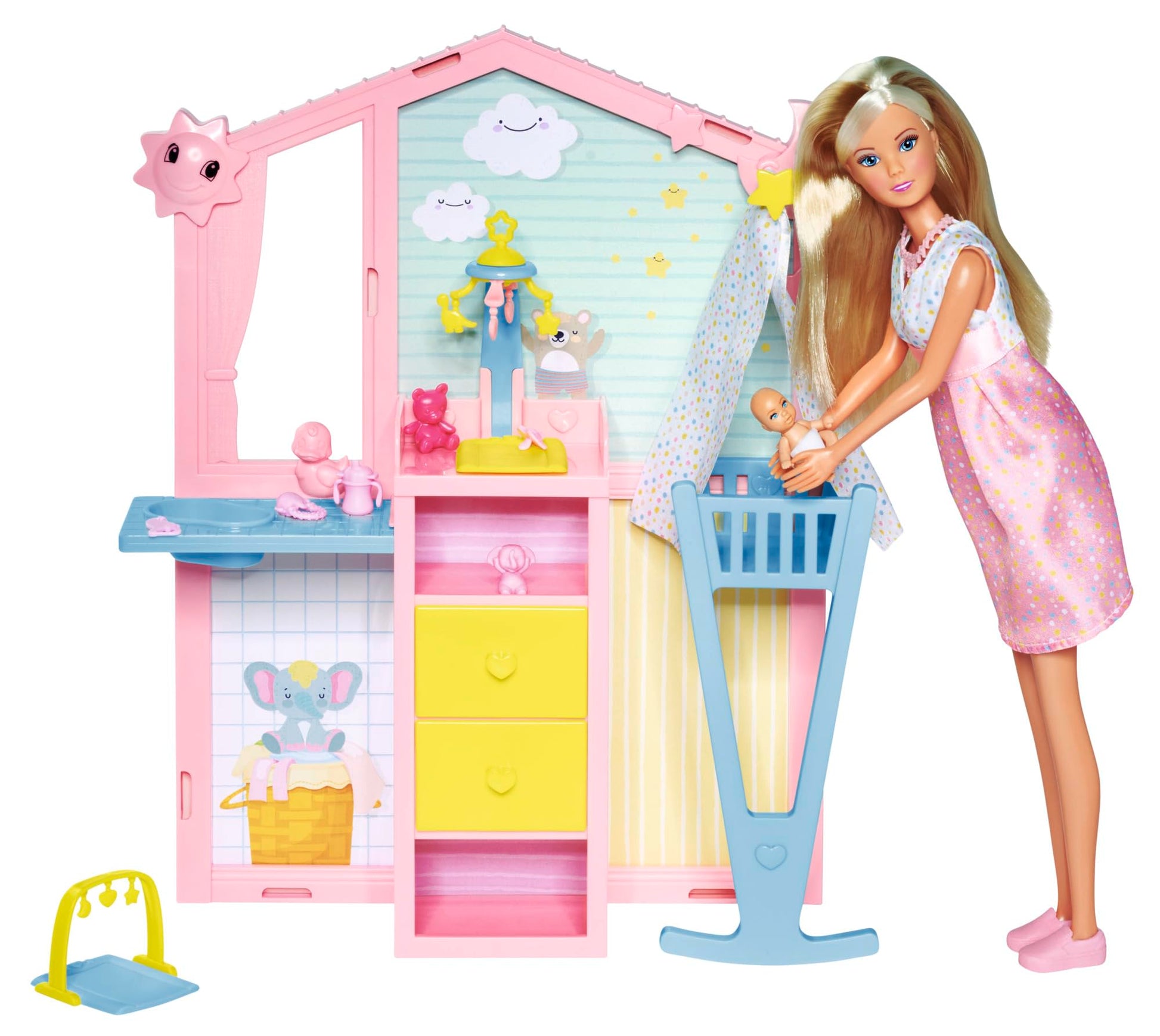 Steffi Love Newborn Baby Room, Pregnant Doll with Baby in The Childrens Room, with Baby Bed, Changing Table, Bath and Accessori