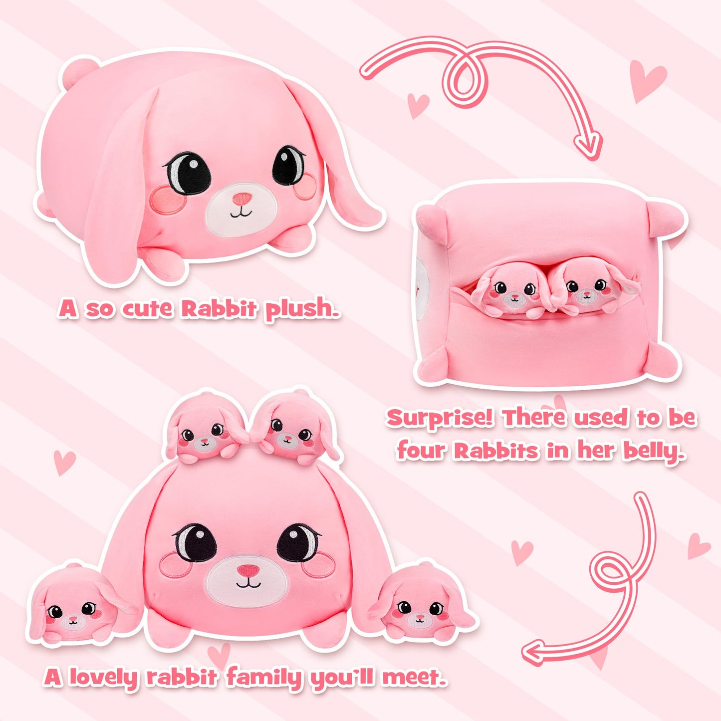 YIIQUWEN Pink Bunny Plush, Rabbit Mommy Stuffed Animal Set with 4 Baby Bunnies, Soft Stuffed Toy Pillow, Cute Birthday for Kids