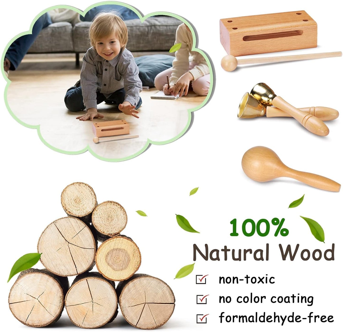 LOOIKOOS Toddler Musical Instruments Set - Eco-Friendly Wooden Percussion Toys, 12" Brown, Includes Storage Bag for Preschool Kids
