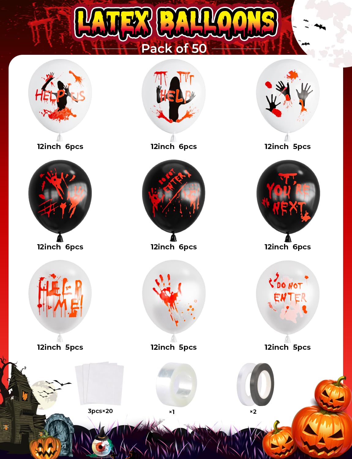 50Pcs Scary Halloween Balloons,12 Inch Bloody Balloons,Horror Balloons With Blood Handprint,Scary Halloween Decorations For Zomb