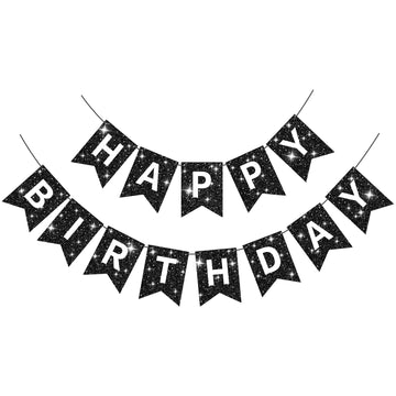 Hooqict Glitter Black Happy Birthday Banner Sign For Backdrop Black Birthday Decorations For Men Women Party Supplies Wall Door Banner Garland Bunting Flag