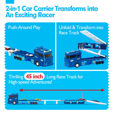 hahaland Toys for 2 Year Old Boy Birthday Gift - 2 in 1 Car Carrier Transforms into Race Tracks with Dual Launcher Toys for Ages